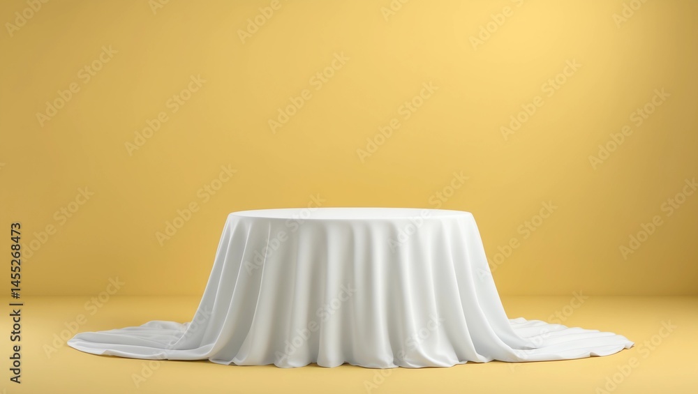 Poster white dinner table or empty pedestal display on vivid yellow background with elegant fabric. blank s