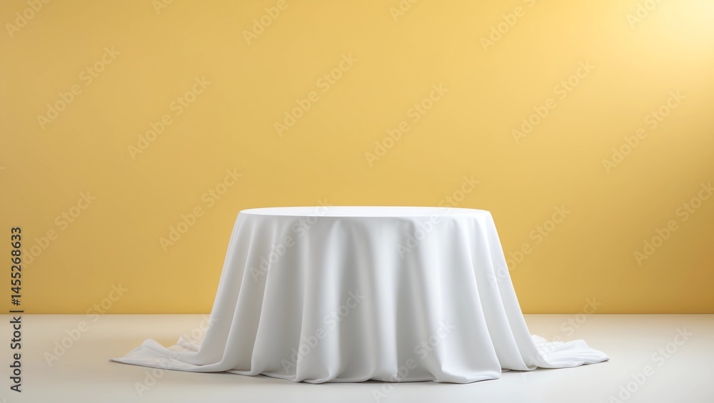 Poster white dinner table or empty pedestal display on vivid yellow background with elegant fabric. blank s