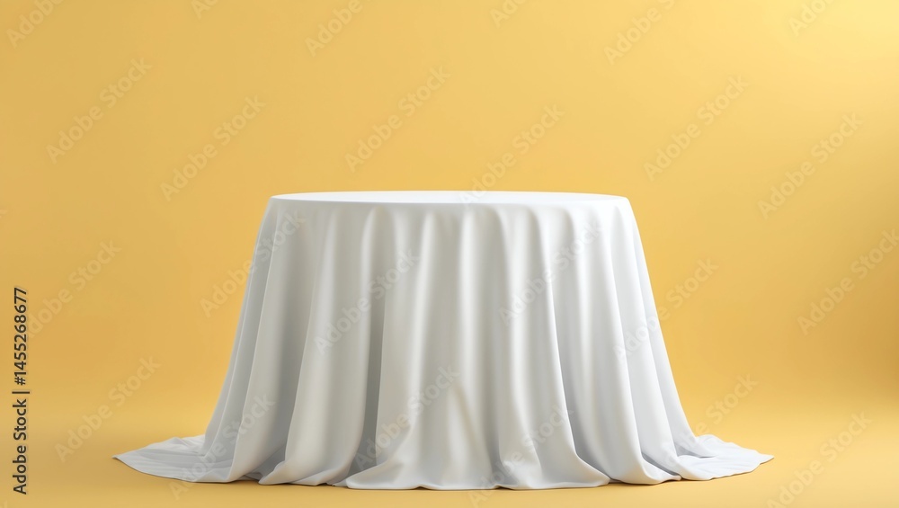 Poster white dinner table or empty pedestal display on vivid yellow background with elegant fabric. blank s