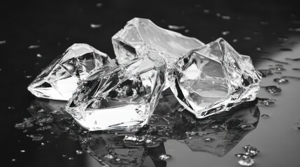 Clear ice cubes on dark surface