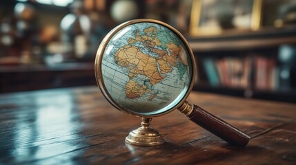 Globe magnified by magnifying glass on wooden table