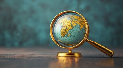 Globe magnified by golden magnifying glass