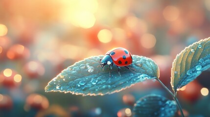Ladybug on dew-kissed leaf at sunrise
