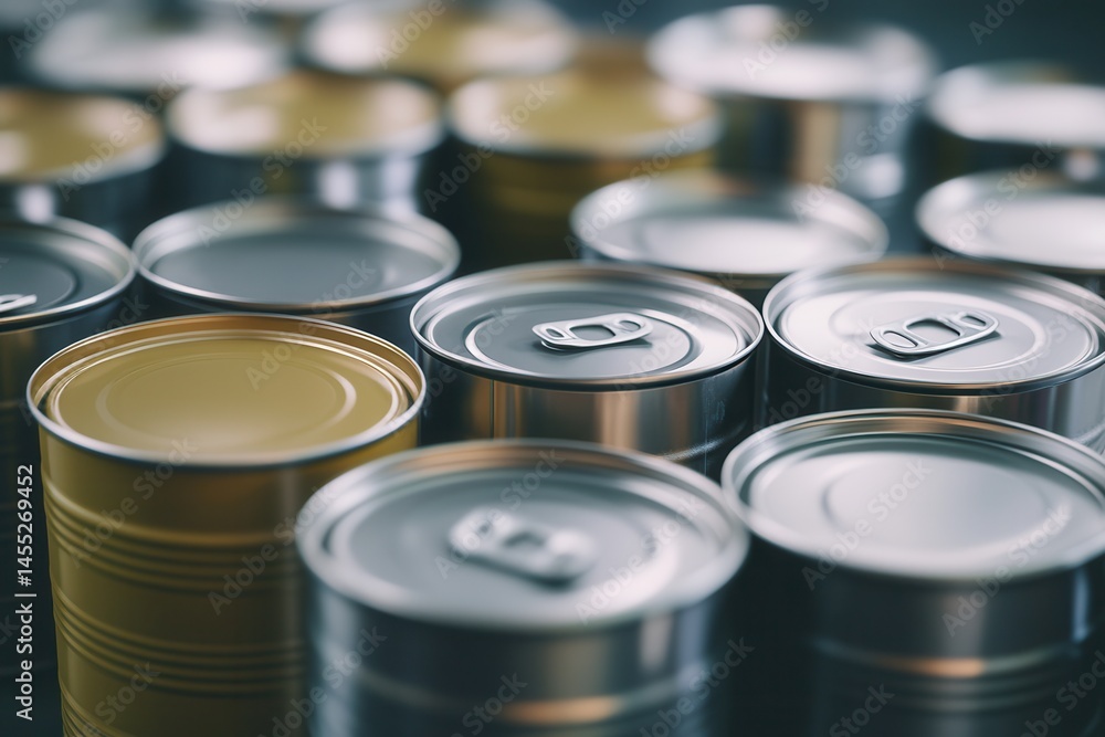 Poster close-up view of assorted metal cans arranged in a visually appealing pattern, showcasing their text