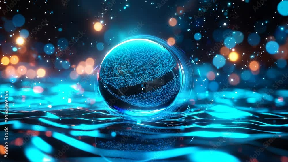 Poster abstract sphere with neon glow and bokeh effects in water background