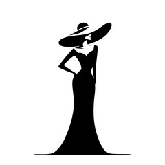 Elegancka sylwetka kobiety w kapeluszu z szerokim rondem i w sukni wieczorowej. Czarno-biała minimalistyczna ilustracja w stylu glamour. Symbol mody i luksusu.