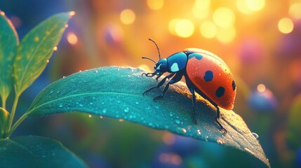 Ladybug on dew-kissed leaf in vibrant sunrise