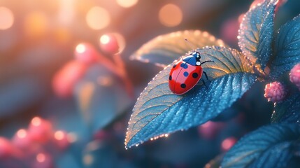 Ladybug on dewy leaf, vibrant sunrise