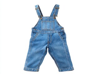 Blue denim overalls on a white surface isolated on white background