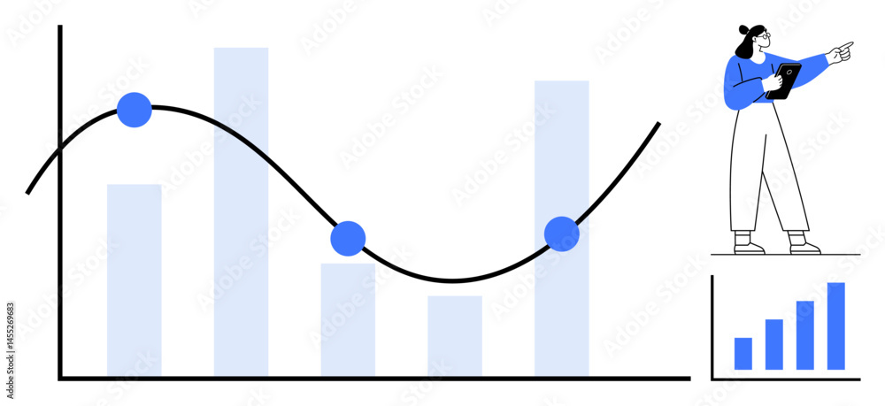Poster data analyst pointing at a chart with a line graph and bar graph, illustrating trends. ideal for ana