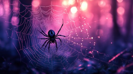 Spider in vibrant web at night