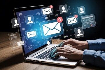 Businessman holding a laptop with an email symbol