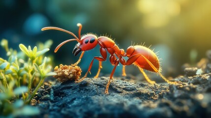 Red ant carrying food on dark ground