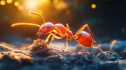 Red ant foraging in sunlight