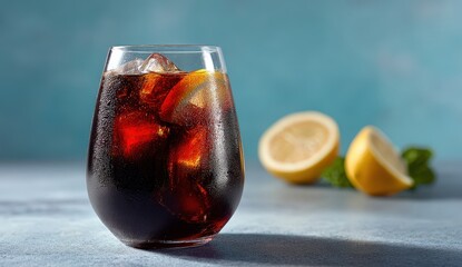 Refreshing iced cola drink with lemon on blue background.