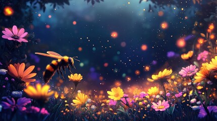 Enchanted night garden with bee