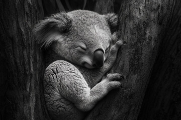 Monochromatic slumber: A koala's tranquil rest on a eucalyptus tree
