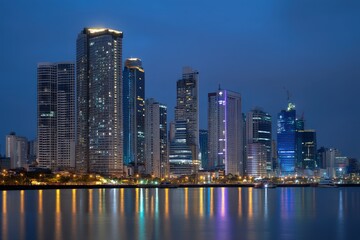 Obraz premium City skyline at night with glowing reflections on water.