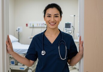 Smiling nurse in ward isolated on white background