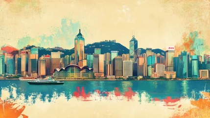 Crédence de cuisine en verre imprimé Hong Kong skyline abstract watercolor illustration with boat and buildings