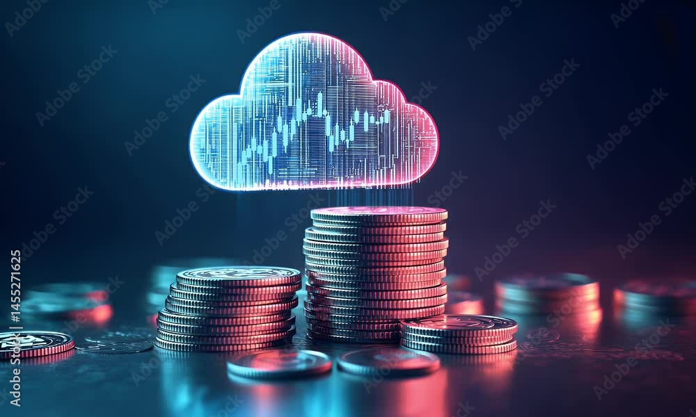 Poster a stack of coins with an icon of a cloud and data, representing the financial success that comes fro