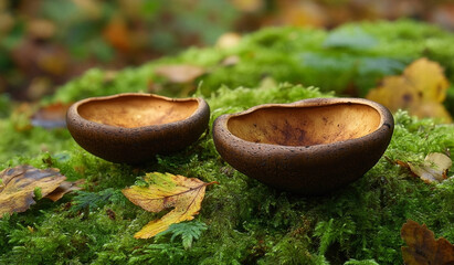 Two brown cup fungi nestled upon a carpet of bright green moss in the forest