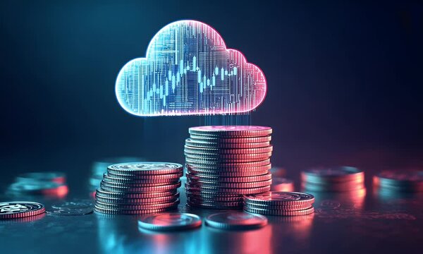 A stack of coins with an icon of a cloud and data, representing the financial success that comes from using AI for cloud-based English language learning activities, 