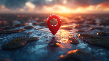 Glossy red location pin hovers over a stark white surface, casting a soft shadow beneath it; a vibrant pop of color in a minimalist space symbolizing direction, presence, and digital navigation.

