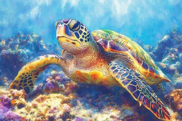 Obraz premium Colorful sea turtle swimming gracefully through a vibrant coral reef ecosystem