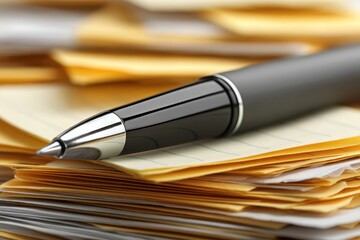 Black Ballpoint Pen Resting on Stack of Yellow Notepad Paper and Office Documents Close Up