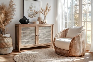Rustic, light-filled living room showcasing a modern, woven accent chair.