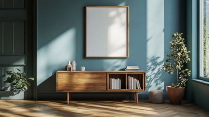 Interior design scene with mid-century furniture and teal walls.