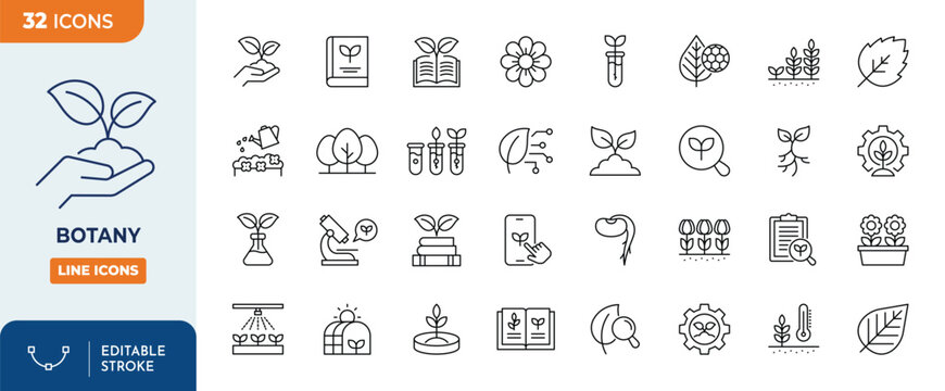Botany icon set. Outline Icon Collection. Vector illustration. Editable stroke	