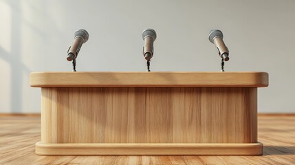 Wooden podium with microphones, minimalist setting, ideal for a conference or press conference