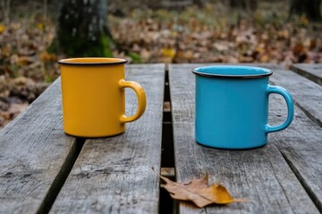 Obraz premium Two colorful mugs on a rustic wooden table outdoors, amidst autumn leaves