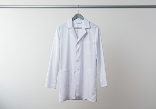 Lab coat hanging on rack isolated on white background