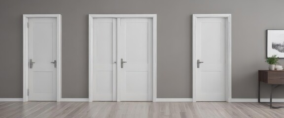 Modern white wooden interior doors, various open & closed positions, isolated , building, background