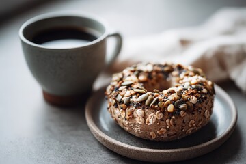 Seed-covered bagel with coffee on a plate.
