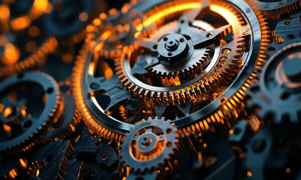 Intricate close-up of interlocking metallic gears illuminated by warm orange light, showcasing mechanical precision