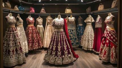 Exquisite display of embroidered lehenga choli ensembles in a designer boutique