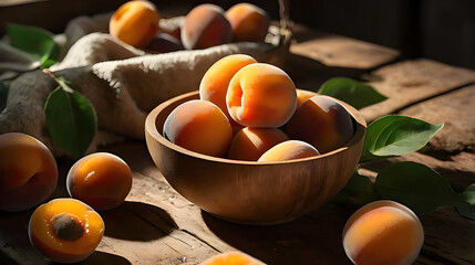 Close-up of ripe apricots on a rustic wooden table, warm natural lighting, textured skin with soft fuzz