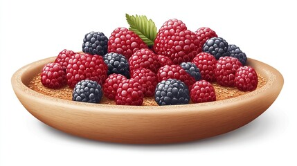 Fresh raspberries and blackberries in a wooden bowl