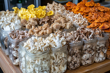 Colorful assortment of dried medicinal fungi fills the entire frame, symbolizing natural healing, traditional medicine, and the growing interest in holistic wellness and immune support.

