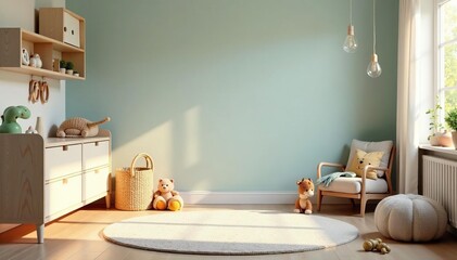 A serene scene of a nursery, soft lighting, toys and calming colors , colors, stuffed animals
