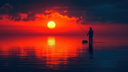 Silhouette Fisherman at Sunrise Sunset over Water
