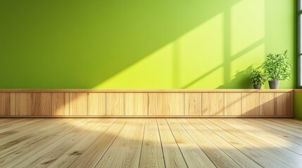 Empty room with green walls, wooden trim, and sunlight.