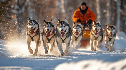 Husky sled dogs running in snowy winter landscape. Possible use Stock photo for travel, winter sports, or animal lovers