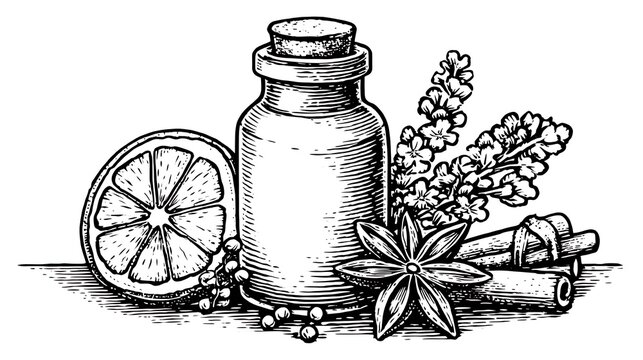 black and white essential oil bottle with ingredients clip art preview