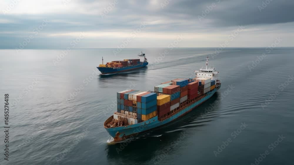 Poster cargo ships loaded with containers navigating through open seas illustrating maritime commerce and t