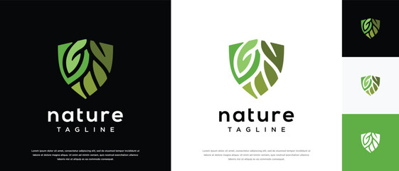 Nature security shield logo design. Shield logo design vector icon with leaves.